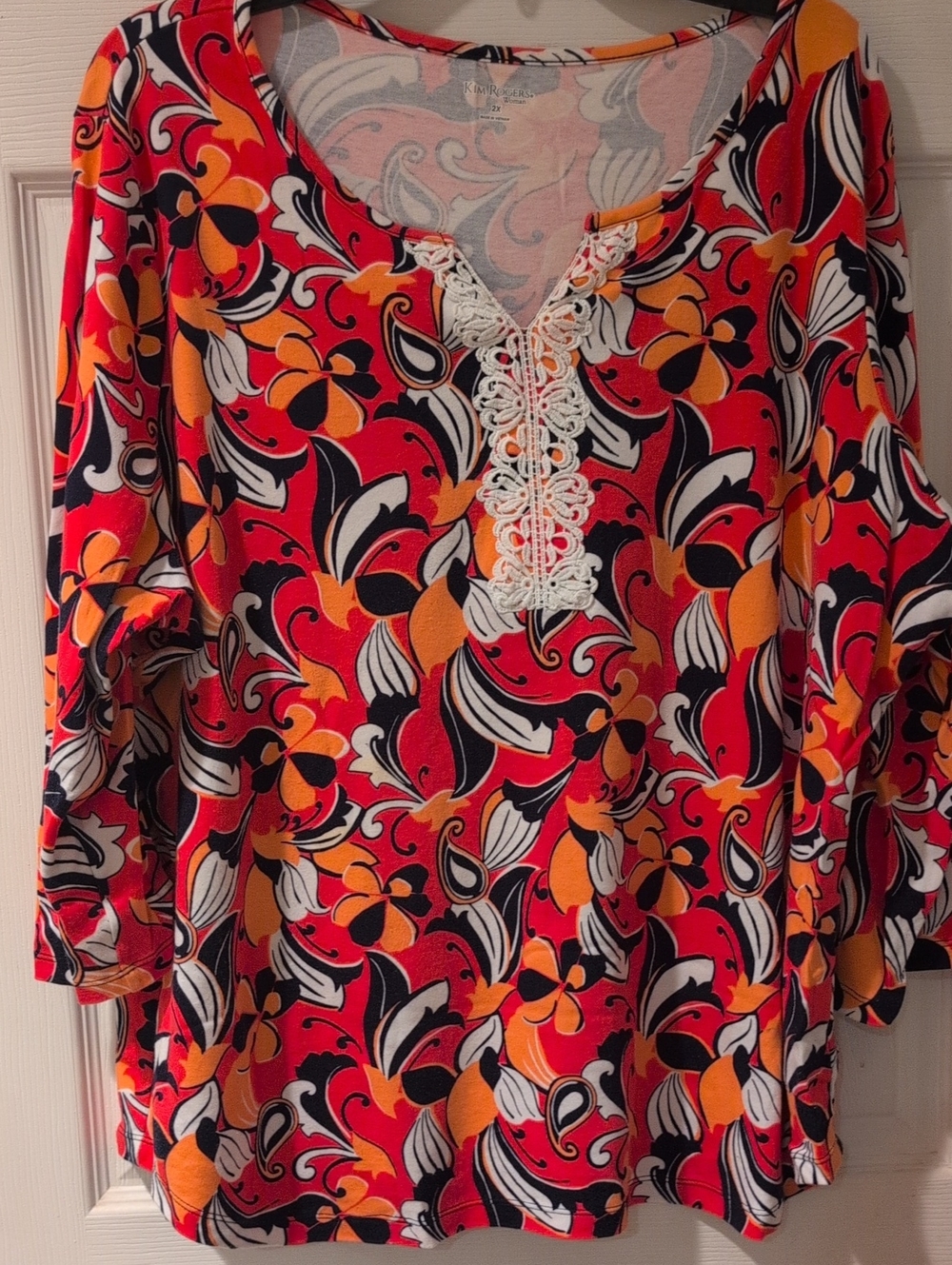 Kim Rogers Coral Orange Black & White Floral Lace-Trim Tunic